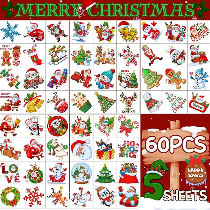 Christmas Temporary Tattoos Stickers - 60Pcs Christmas Decorations Xmas Party Decorations Party Favors Goodie Bags Supplies Accessories Decor Winter Reindeer Penguin Gift Idea For Kids Youth Adult