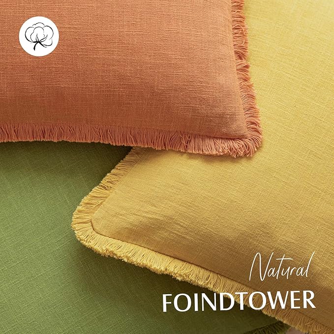 Foindtower Set of 2 Decorative Linen Fringe Lumbar Throw Pillow Covers Boho Farmhouse Cushion Cover with Tassels Soft Accent Pillowcase for Couch Sofa Living Room Home Decor,12×20 Inch,Dusty Orange
