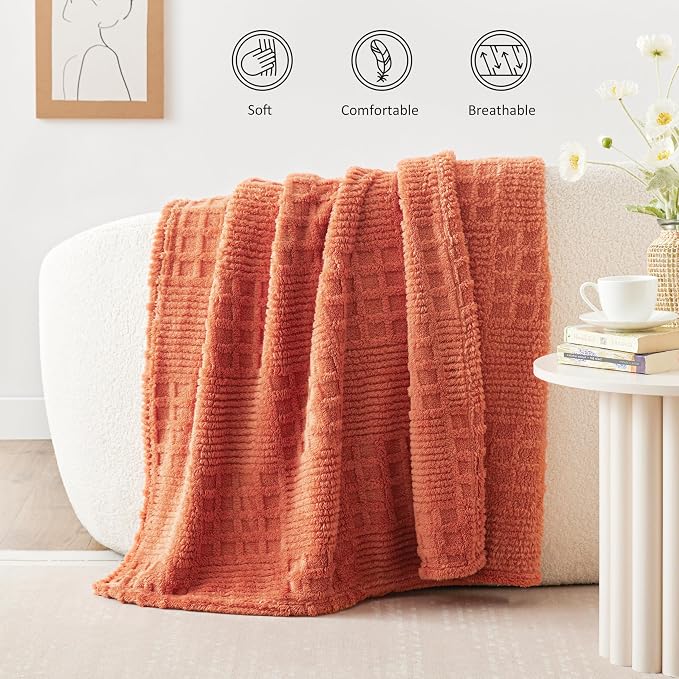 EXQ Home Fleece Throw Blanket for Couch or Bed - 3D Waffle Patchwork Pattern Jacquard Decorative Blankets - Cozy Soft Fuzzy Flannel Blanket Suitable for All Seasons(50"×60",Terracotta)