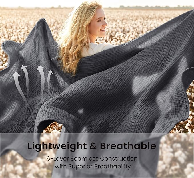Love's cabin 100% Cotton Muslin Blanket, 6 Layer Lightweight Breathable Gauze Twin Size Blanket 60 x 80 Inches, Soft Summer Blanket for Bed or Couch, Dark Grey