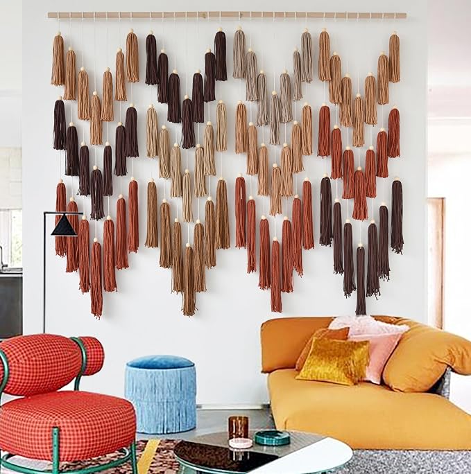 Macrame Wall Hanging Yarn Boho Handmade Wave Tassel Home Decor 47"W*39"L | For Bedroom Living Room Wall Art, Nursery Decor, Home Office Decoration, Farmhouse Style, Dorm Room Decor, Handmade Gift
