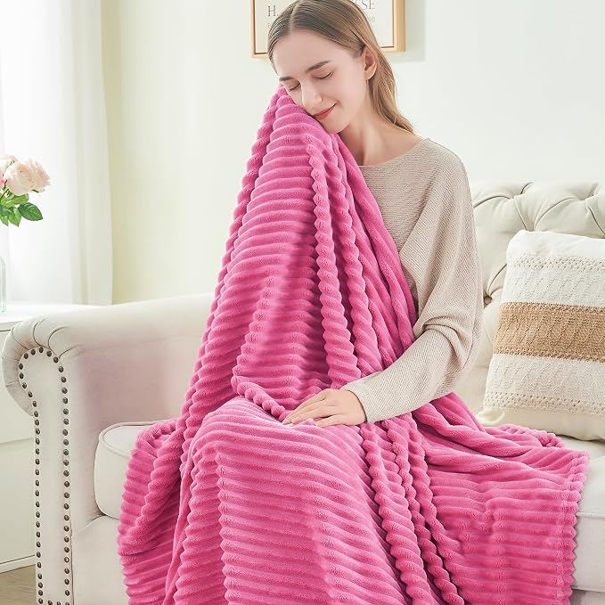 BEDELITE 3D Ribbed Hot Pink Fleece Throw Blanket for Couch, 50x60 Inch | Soft Warm Decorative Fluffy Blanket, Cozy Plush Lightweight Fuzzy Throw Blanket for Bed Sofa Home Room Decor, Gift for Women