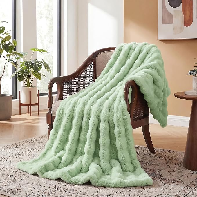 ORINOVA Sage Green Throw Blanket for Couch, 50x60 Ultra Soft Faux Rabbit Fur, Fuzzy Fluffy Plush Bubble Texture, Cozy Warm Reversible Sofa and Bed Cover, Living Room Decor, Gifts for Women