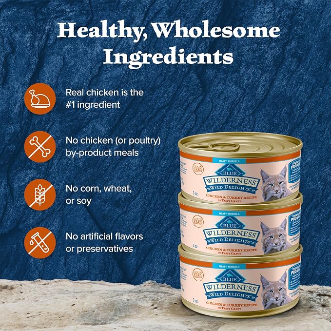 Blue Buffalo Wilderness Wild Delights Meaty Morsels Wet Cat Food,High-Protein & Grain-Free,Made with Natural Ingredients,Chicken & Turkey Recipe in Tasty Gravy,3-oz. Cans,(Pack of 48)