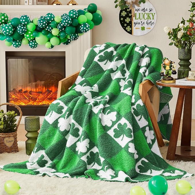St. Patrick's Day Knit Throw Blanket - Super Soft Lightweight Plush Shamrock Clover Blanket for Couch, Bed, Sofa, 50 x 60 Inches, Irish Green