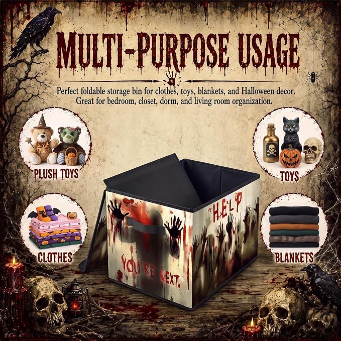 Briwooody Halloween Storage Bin with Lid and Carrying Handle Halloween Help Foldable Storage Box Large Bloody Ghost Shadow Hands Decorative Collapsible Container Basket for Closet Home Bedroom Gift