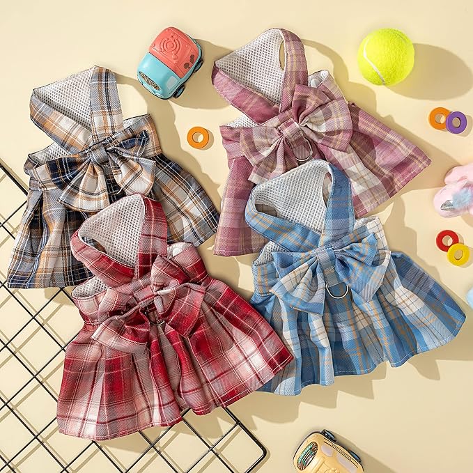 Potchen 4 Pcs Plaid Dog Dresses with Bow Harness and Leashes,M,Dark Color
