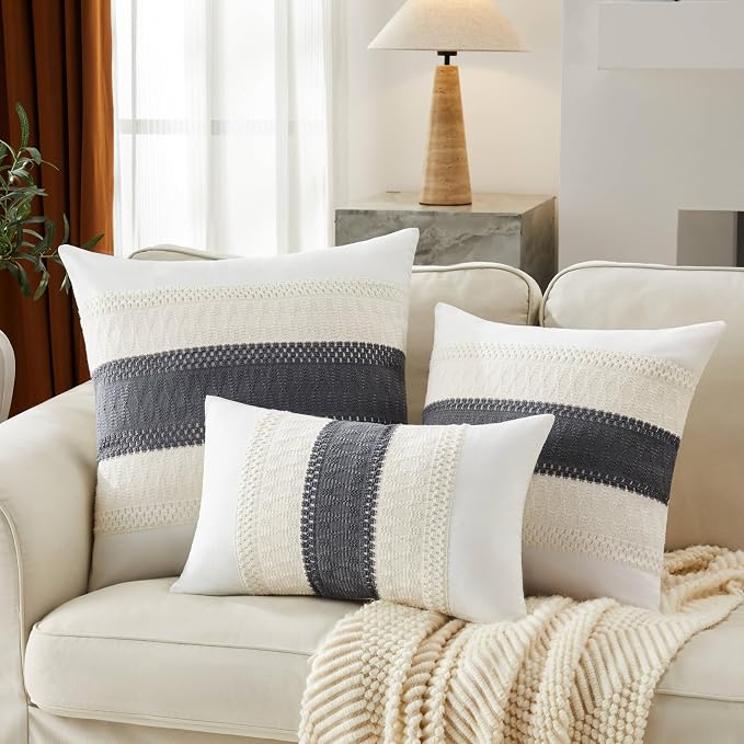 2pk Boho Pillow Covers 22x22, Natural White/Contrast/Charcoal | 100% Organic Cotton Body, Stripe Embroidery, Farmhouse Decorative Cushion Covers for Sofa Bed Living Room Home Decor