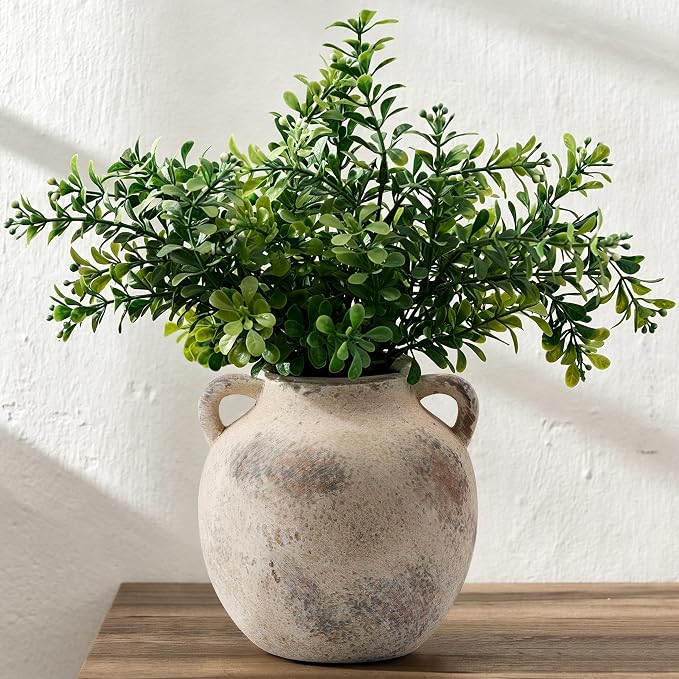 PORCER Antique Ceramic Vase, 5.8 Inch Terracotta Vase with Handles, Decorative Rustic Vase for Home Decor, Farmhouse, Living Room, Table, Bedroom, Entrance, Office - Gray