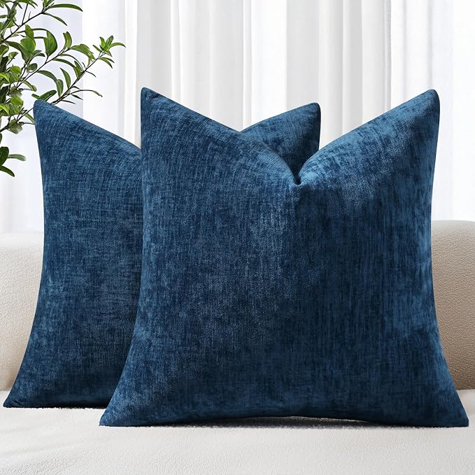 decorUhome Soft Chenille Navy Blue Throw Pillow Covers 22X22 Set of 2 | Decorative Fall Couch Pillow Covers Solid Dyed Accent Modern Euro Sham Farmhouse Neutral Square Pillow Cases for Sofa