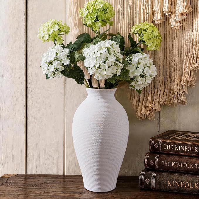 Ceramic Flower Vase Home Decor, 11 in Farmhouse Table White Vases Rustic Vintage Living Room Kitchen Bedroom Decorations Pottery Decorative Vases for House Shelf Office Coffee Desk Dining Fireplace