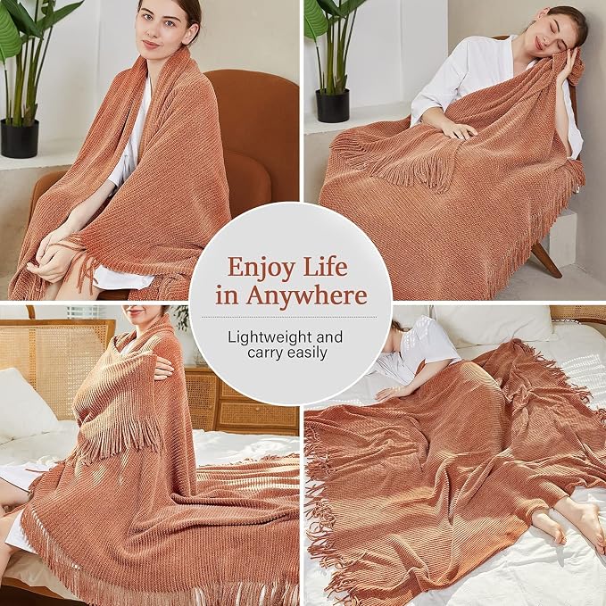 Blagic Chenille Throw Blanket for Couch and Bed,60" x 80",Maple Brown | Soft Farmhouse Boho Throw Blanket with Tassels,Decorative for Living Room,,Stripe Textured Throws for Bed/Chair/Sofa