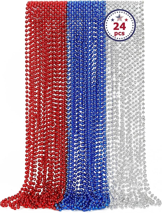 4th of July Necklace Decorations, 24PCS Veterans Day Beads Party Favors Bulk, Veterans Day Red Blue Silver Necklace, Independence Day Bead Bulk for Patriotic Parade Party Celebration Favors Decor