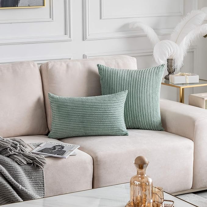 Home Brilliant Green Summer Pillow Covers 18x18 Corduroy Square Pillow Cases for Couch Green Decor Sage Throw Pillows for Sofa Bed Living Room Decor, 18 x 18 Inch, Iceberg Green