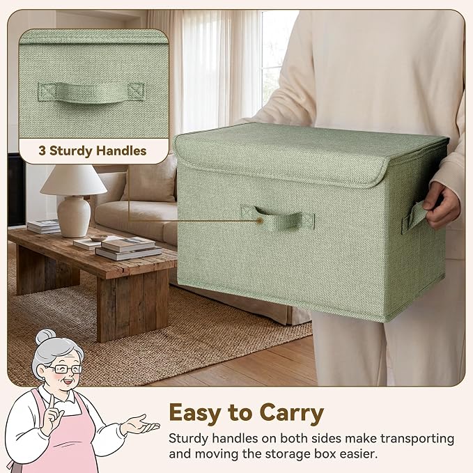 GRANNY SAYS Memory Keepsake Storage Box, Fabric Storage Bins with Lids | Flip-Top Lid, Collapsible, Stackable, 3 Handles, Ideal for Closet Clothes Blanket Toys, Large, Sage Green, 2-Pack