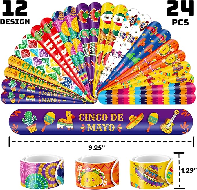 48PCS Cinco de Mayo Party Favor Set - 24PCS Temporary Pre - cut Tattoos & 24PCS Slap Bracelets - Mexican Fiesta Birthday Supplies, Baby Shower Gifts, Classroom Rewards & Party Decor for Kids