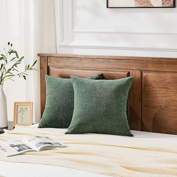 GAWAMAY Decorative Chenille Throw Pillow Covers 26"x26" Inch Pack of 2, Soft Square Couch Pillow Cover for Sofa Cushion Living Room Bedroom Solid Oversized Pillowcases Dark Green 66x66cm (NO Insets)