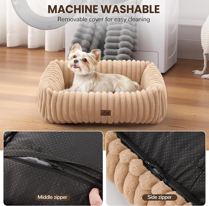 Cute Dog Bed for Small Dogs & Cats,Washable Fluffy Cat Beds for Indoor Cats, Rectangle Orthopedic Memory Foam Puppy Beds with Anti-Slip Bottom, 20 x19 x 7 Inches, Camel
