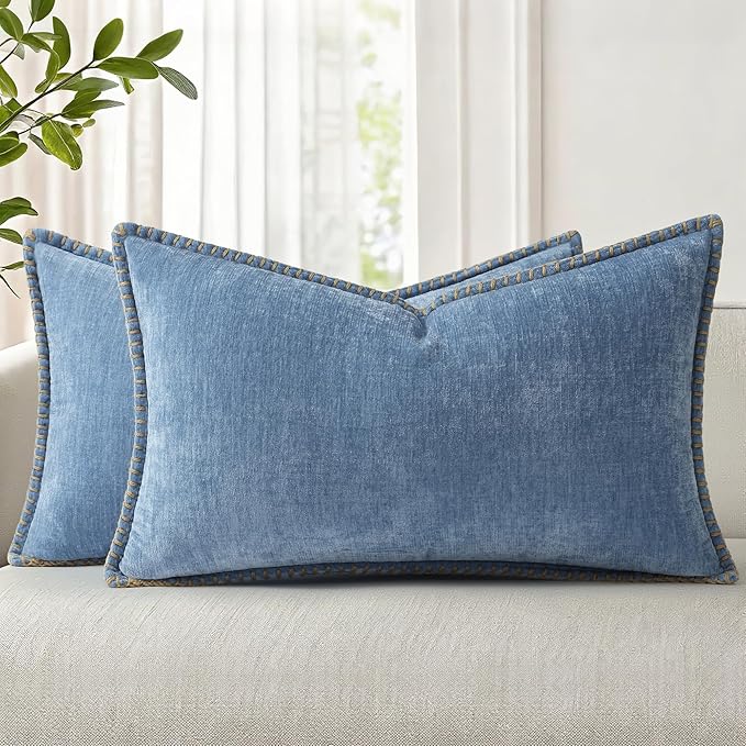 decorUhome Soft Chenille Throw Pillow Covers 12x20 Set of 2 Blue | Fall Textured Decorative Throw Pillow Cases Stitched Edge Modern Farmhouse Luxury Boho Velvet for Couch Sofa Bed Home Decor