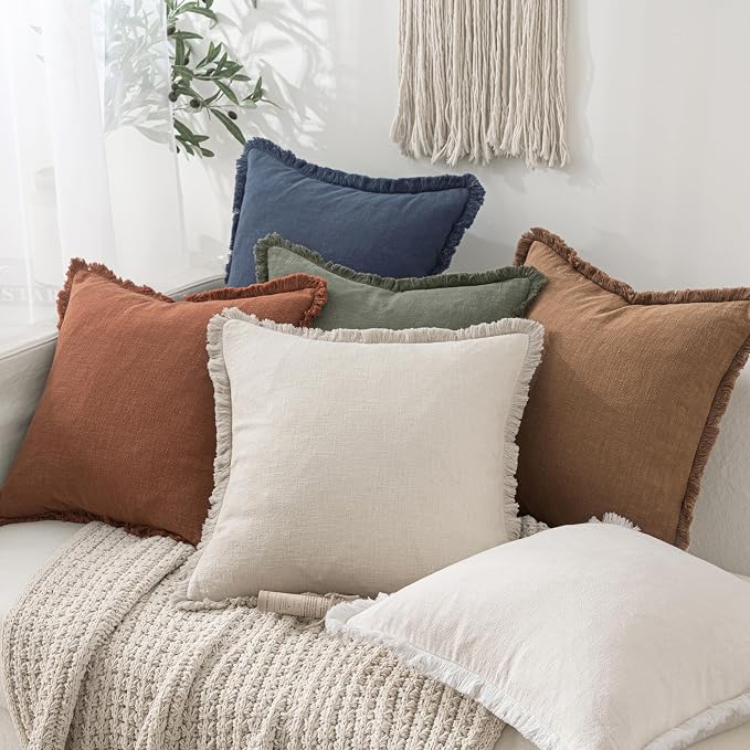 MIULEE Boho Linen Fringe Decorative Fall Throw Pillow Covers Brown 16x16 | Set of 2, Cottagecore Decor, Boho Farmhouse Neutral Pillow Covers, Rustic Fall Couch Cushion Cases for Sofa Bed Living Room