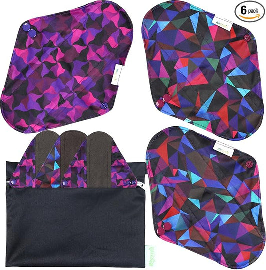 wegreeco Charcoal Reusable Menstrual Pads - Reusable Sanitary Pads | Reusable Panty Liners | Soft Cloth Menstrual Pad- 6 Pack with 1 Cloth Mini Wet Bag (Abstract Geometrical Purple, Large)