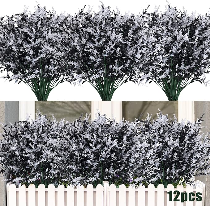 RECUTMS Artificial Plants Spring Black Greenery Fake Fall Outdoor Flowers | 12 Pack Black Decor,Artificial Greenery for Flower Arrangement Indoor Hanging Plants Garden Porch Window Home Halloween Décor