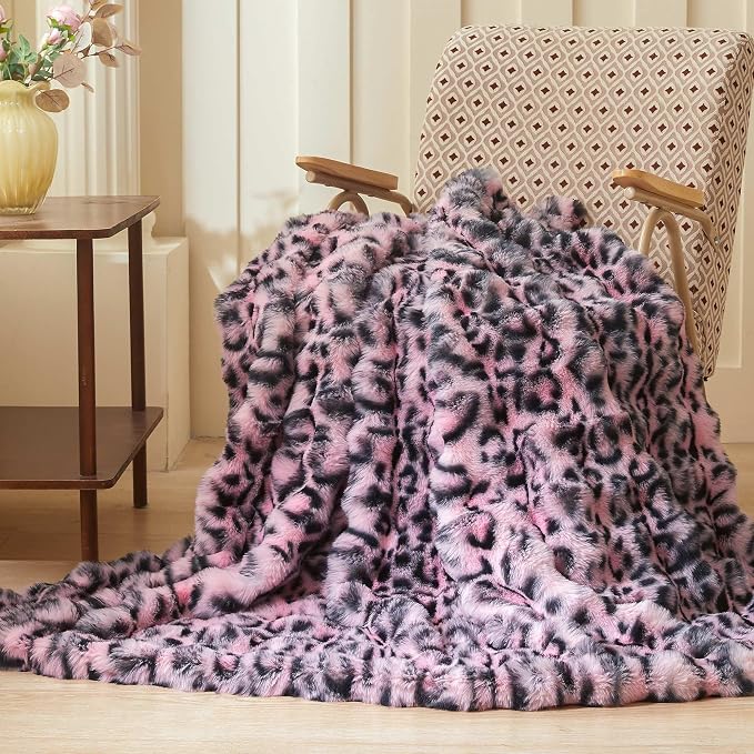 LIFEREVO Leopard Print Fluffy Faux Rabbit Fur Throw Blanket 60x80, Pink | Cheetah Print Soft Plush Bubble Throw for Bed Couch Sofa Office, Washable Skin-Friendly Cozy Furry Blanket for Home Decor