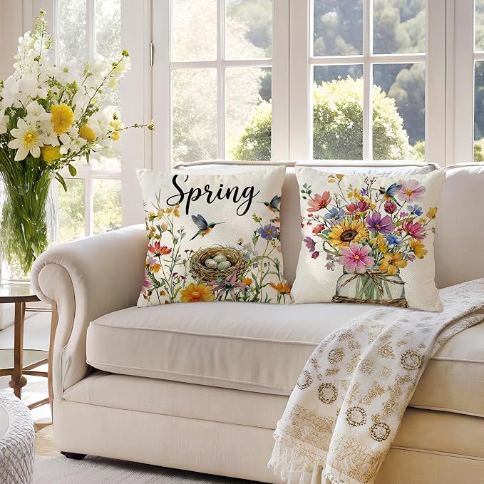 wyooxoo Throw Pillow Covers 18x18 Set of 4 Spring Pillow Covers Linen Flower Bird Farmhouse Cushion Case for Sofa Couch Living Room Outdoor Home Decor