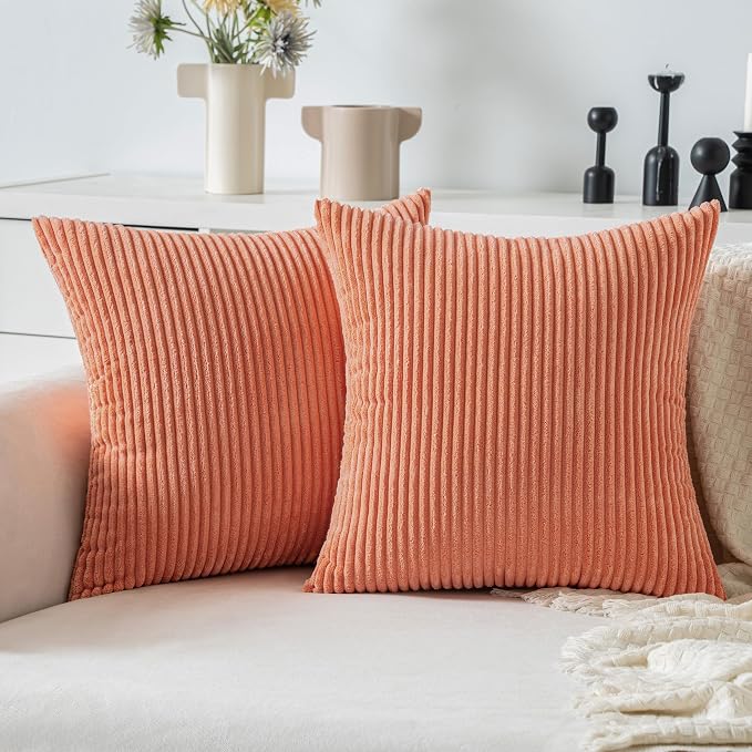 MIULEE Decorative Corduroy Throw Pillow Covers Set of 2 16x16 Coral Red | Soft Striped Textured Cushion Cases, Boho Square Lovely Cute Pillowcases, Home Decor for Couch Chair Sofa Bed Living Room