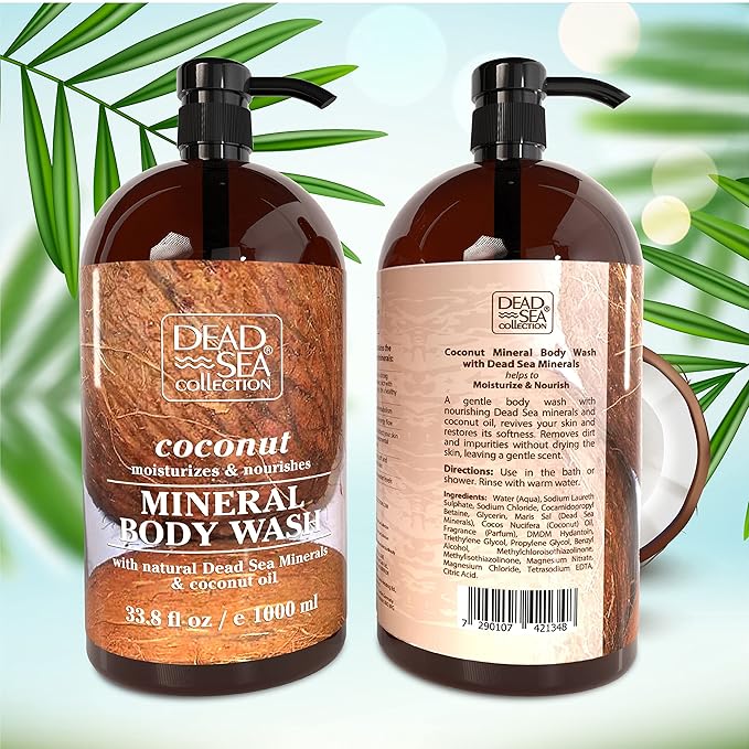 Dead Sea Collection Coconut Body Wash for Women and Men - with Pure Dead Sea Minerals and Coconut Oil - Cleanses and Moisturizes Skin - Pack of 2 (67.6 fl. oz)