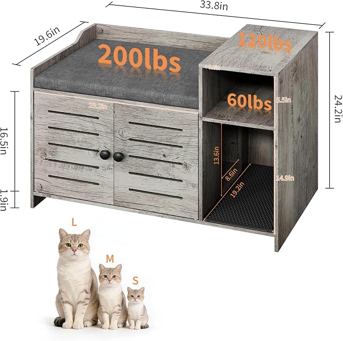 Cat Litter Box Enclosure Furniture, Large Hidden Litter Box Cabinet with Double Door, End Table Cat House with Storage Shelf, Modern Pet Furniture for Living Room, Grey