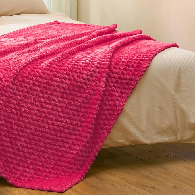 Vessia Flannel Fleece Throw Blanket(50x70 inch), 3D Jacquard Hot Pink Fuzzy and Warm Blanket for Couch,Sofa,Bed,Chair, 300GSM Super Soft Touch Cozy Lightweight Throw for All-Season Home Decor