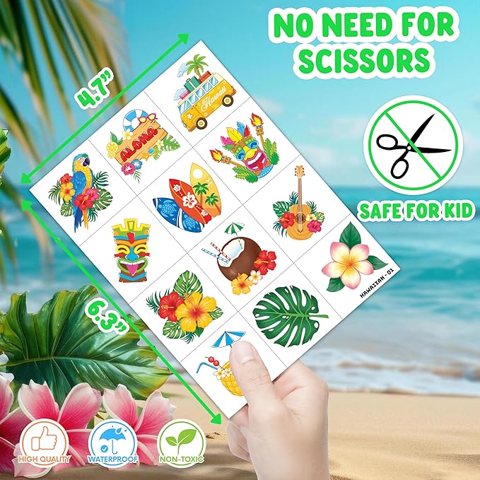 96 PCS Hawaiian Luau Pre-Cut Temporary Tattoos for Kids | Super Cute Themed Birthday Party Favors, Supplies, Decorations, Summer Fake Tattoo Stickers (Multiple)