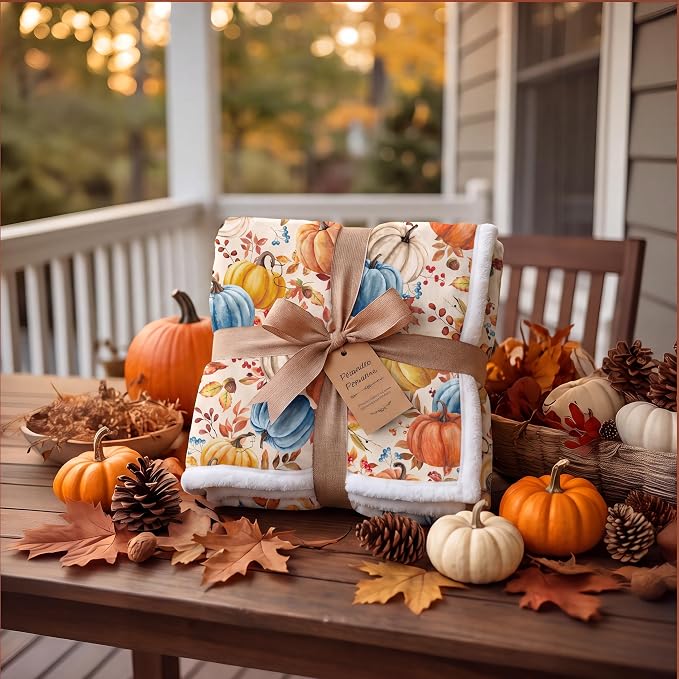 Fall Pumpkins Throw Blanket, Autumn Orange White Blue Pumpkins Leaves and Berries Soft Warm Fleece Blanket for Living Room Couch Bed Chair or Dorm, 50"x60"