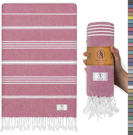 Ossano Turkish Beach Towel Soft & Drying Oversized (39" x 71") - Quick Dry, Versatile and Functional as Picnic, Travel and Beach Blanket, Yoga, Gym, Pool and Cruise Towels - Pink