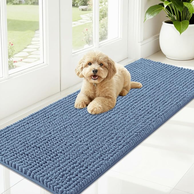 OLANLY Dog Door Mat for Muddy Paws 59x20, Extra Absorbent Chenille Mud Mat | Airy Blue, Absorbs Moisture and Dirt, Non-Slip Machine Washable Doormat, Quick-Drying Indoor Entryway Floor Mat for Dogs