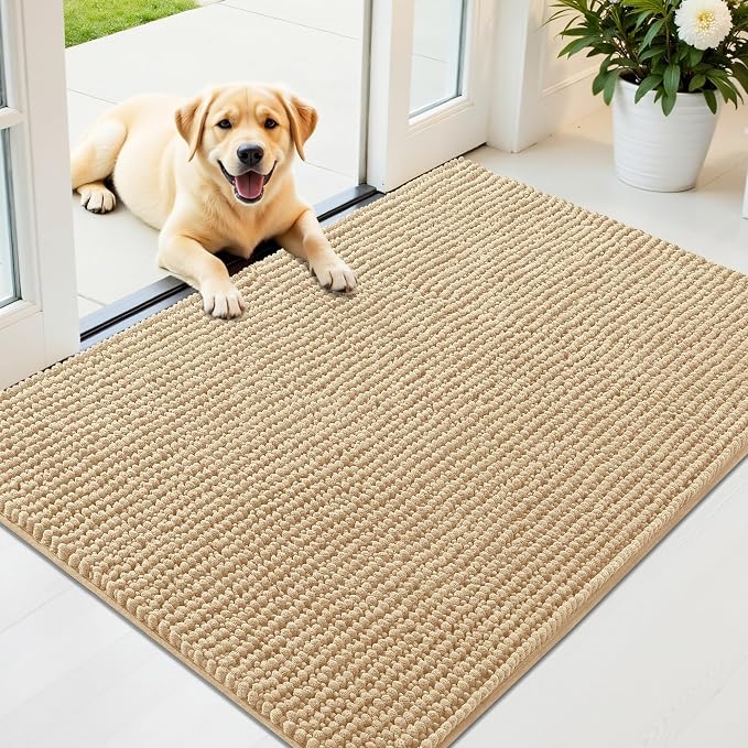 OLANLY Dog Door Mat for Muddy Paws 44x32, Extra Absorbent Chenille Mud Mat | Beige, Absorbs Moisture and Dirt, Non-Slip Machine Washable Doormat, Quick-Drying Indoor Entryway Floor Mat for Dogs