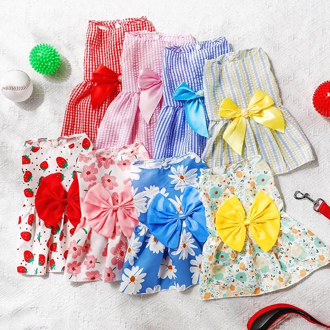 Sanwuta 8 Pieces Dog Bowknot Dresses Puppy Clothes Outfits Princess Dresses Soft Lightweight Summer Fruit Floral Pattern Pet Skirts for Girl Puppy(Cute,Large)