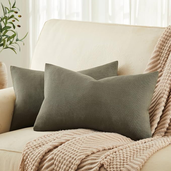 Rustic Linen Lumbar Pillow Covers Set of 2, Olive 12x20in | Textured Pillow Case, Rustic Cotton Linen Fabric, Modern Farmhouse Cushion Covers for Sofa Bed Living Room Home Decor