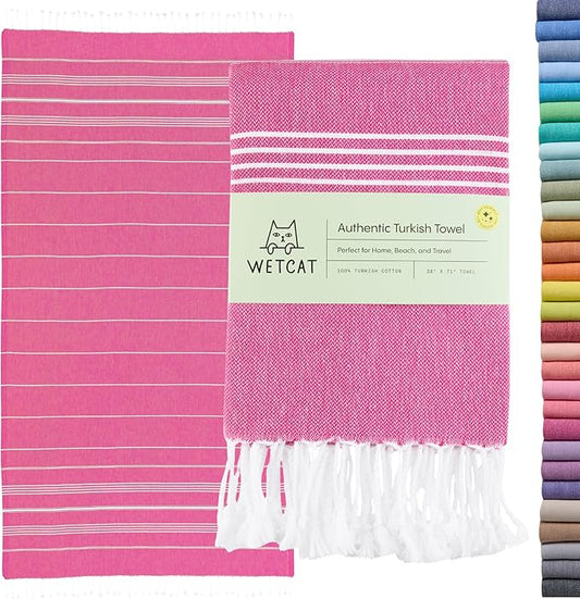 WETCAT Turkish Beach Towel Oversized (38"x71") 100% Turkish Cotton, Made in Turkey - Sand Free, Extra Large, Ultra Soft, Quick Drying, Compact & Lightweight for Travel - Fuchsia