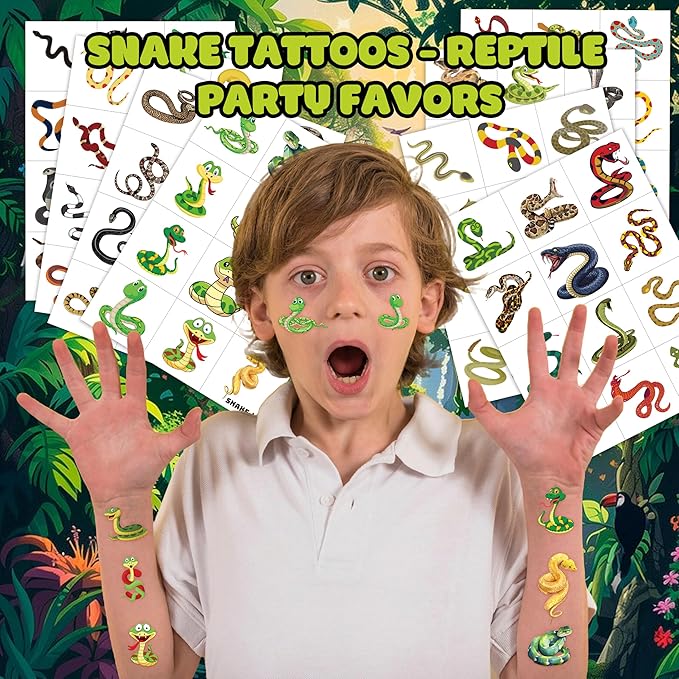 96 PCS Snake Pre-Cut Temporary Tattoos for Kids – Reptile Lizard Theme Birthday Party Favors,Cute Animal Tattoo Stickers for Boys Girls, Classroom Gifts, School Supplies, Prizes and Rewards (Normal)