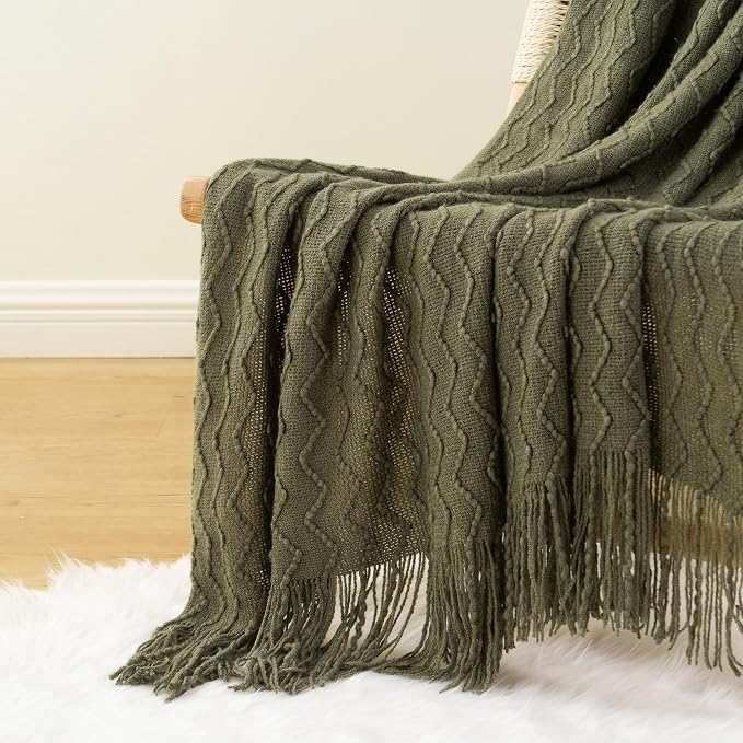 BATTILO HOME Throw Blanket for Couch, Textured Knit Throw, Olive Green Throws for Home Decor, Soft Blanket Throw for Bedroom Decor Housewarming Gifts, 50"x60"