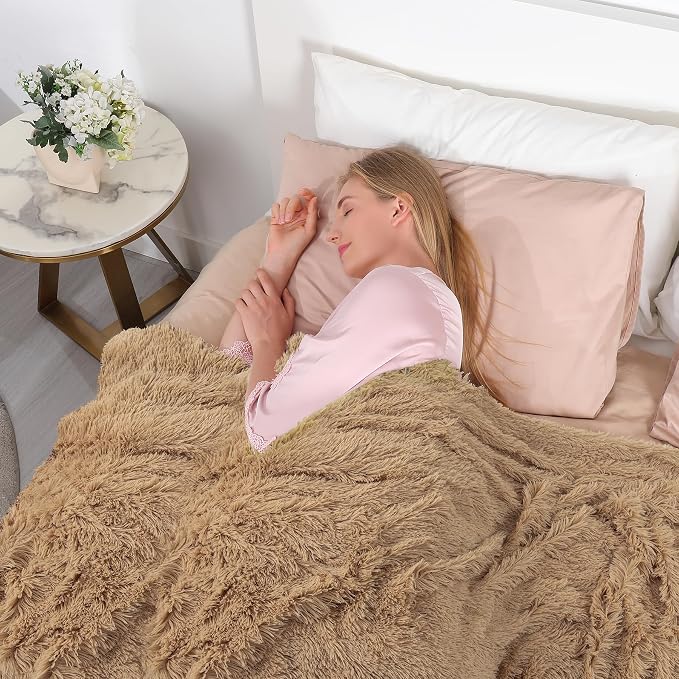 Decorative Extra Soft Faux Fur Blanket Twin Size,Solid Reversible Fuzzy Lightweight Long Hair Shaggy Blanket,Fluffy Plush Fleece Comfy Microfiber Throw Blanket for Couch Sofa Bed,Camel