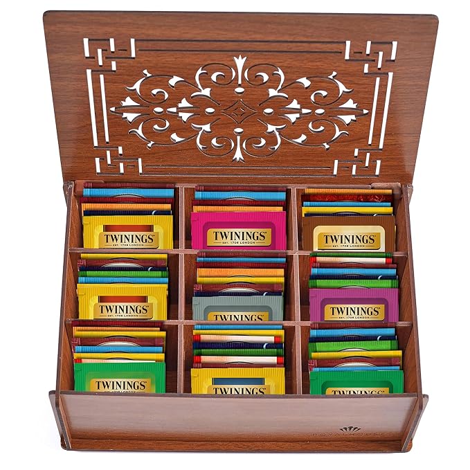 Twinings Tea Bag Sampler Variety with Brown Wooden Organizer (60 Tea Bags) 40 Different Flavors, Gift for Tea Lovers: Women, Men, Mom, Dad, Family, Friends, Couples