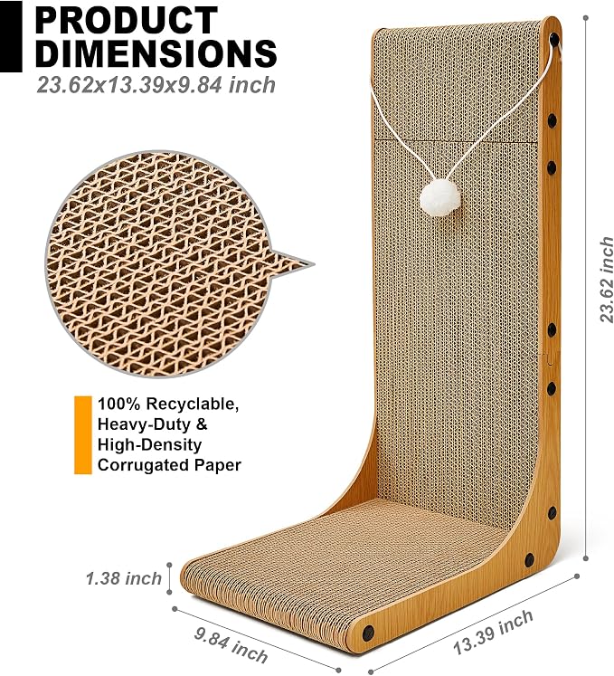 Value 2-Pack 23.6 Inch L-Shaped Cardboard Cat Scratcher, Dual Use (Vert/Horiz) Scratch Pad with Toy Balls, Wall-Mountable Furniture Protector Cat Scratchers for Indoor Cats