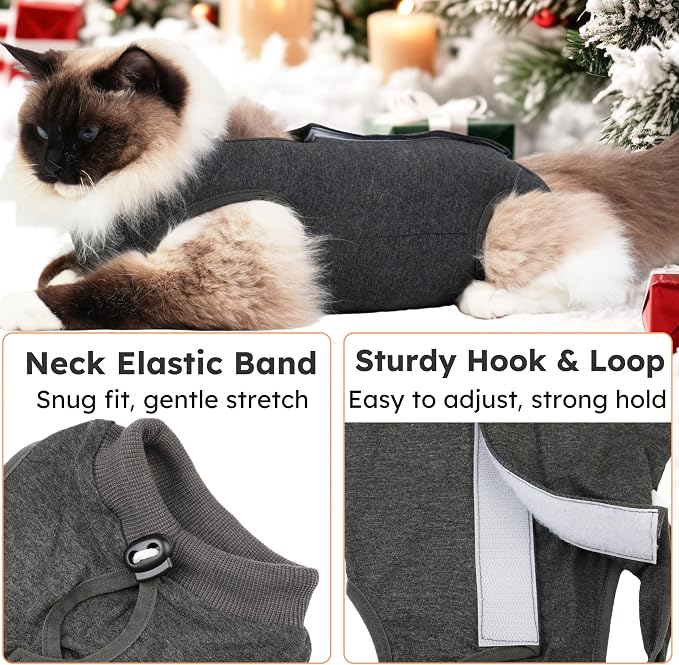 Hpetppy Cat Recovery Suit After Surgery, Breathable Cat Surgery Recovery Suit for Spay Abdominal Wounds or Skin Diseases, E-Collar Alternative Wear for Small Male Female Pets (Dark Grey, L)