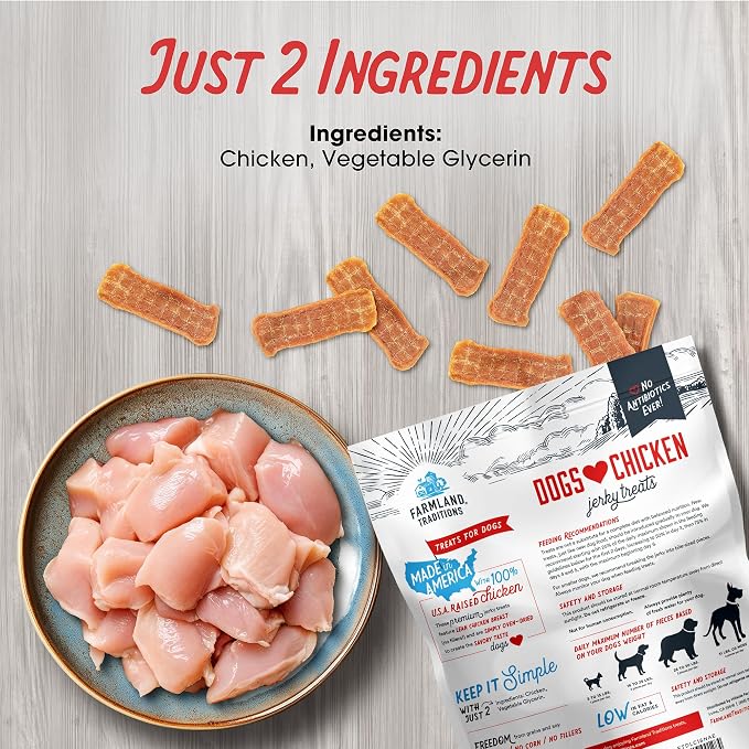 Farmland Traditions Dogs Love Chicken Jerky Dog Treats, Premium Two-Ingredient Dog Jerky with USA-Raised Chicken & No Antibiotics Ever, 3 Pound (Pack of 1) Bag.