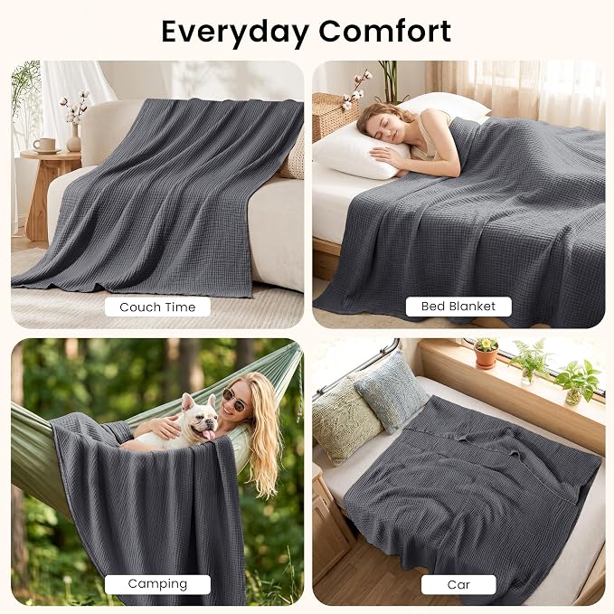 Love's cabin 100% Cotton Muslin Blanket, 6 Layer Lightweight Breathable Gauze Queen Size Blanket 90 x 90 Inches, Soft All Season Blanket for Bed, Dark Grey