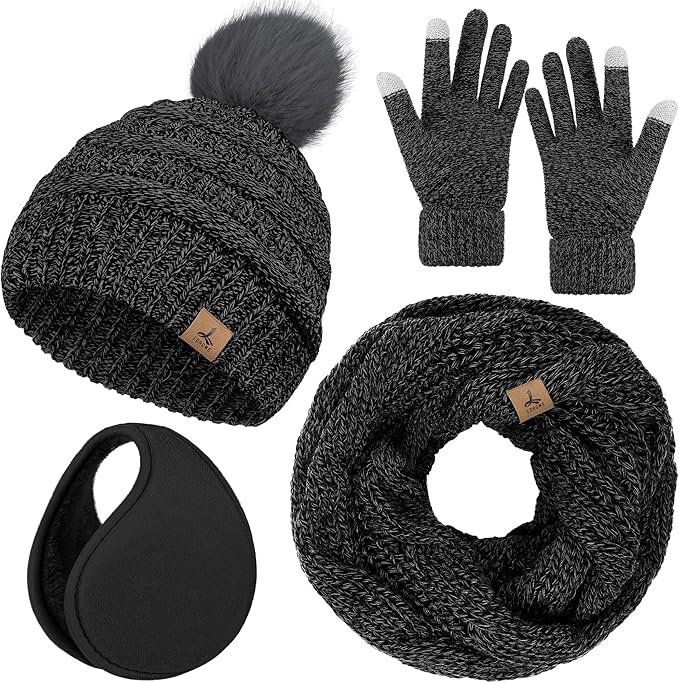 Winter Hat Scarf Gloves and Ear Warmer, Warm Knit Beanie Hat Touch Screen Gloves Set Winter Gifts Neck Scarves for Women