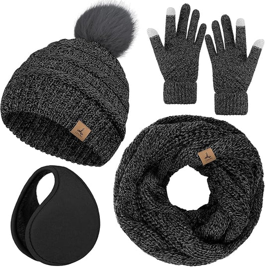 Winter Hat Scarf Gloves and Ear Warmer, Warm Knit Beanie Hat Touch Screen Gloves Set Winter Gifts Neck Scarves for Women